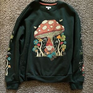 Caterpillar Gnome and Mushroom Sweater - Forest Green